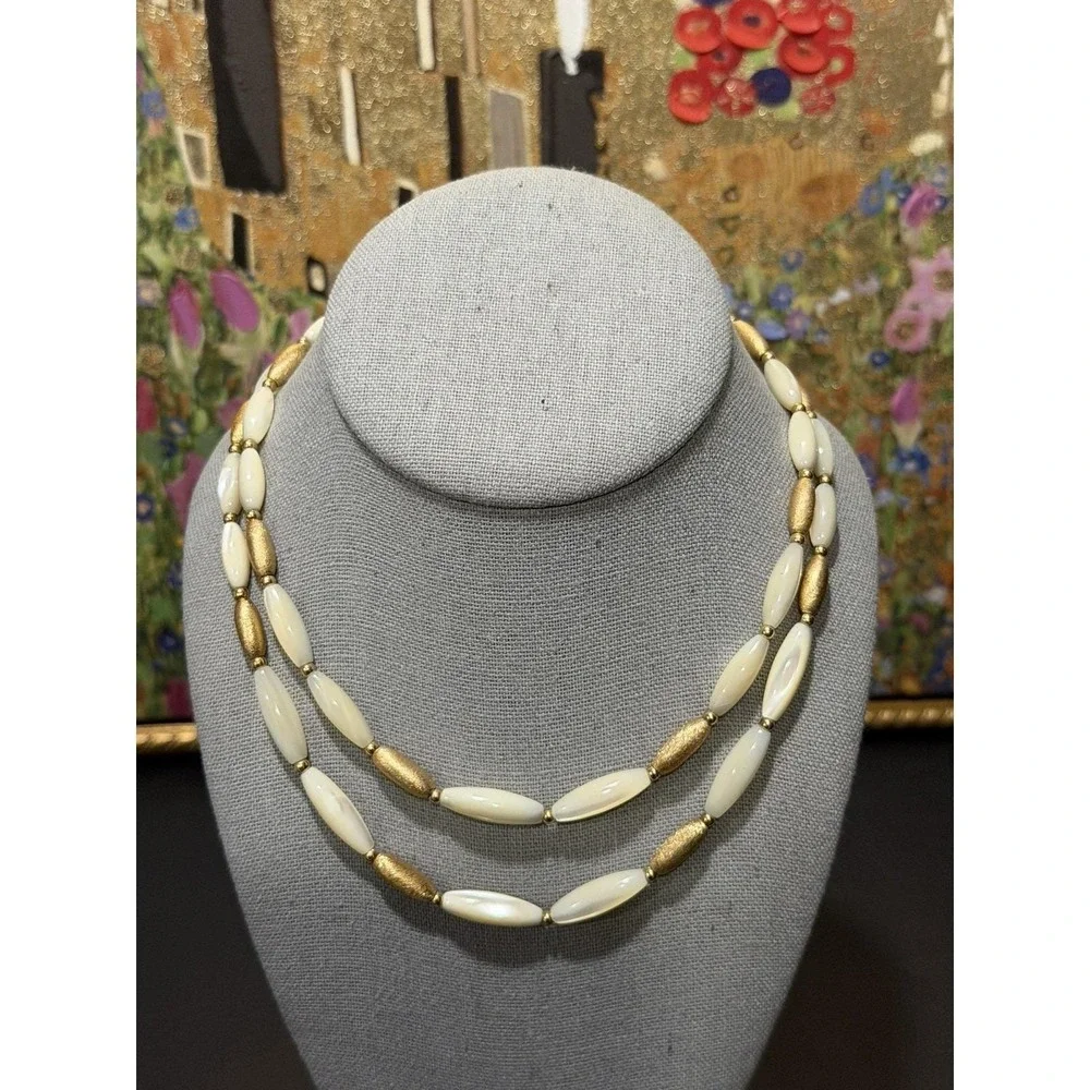 Vintage Napier‎ Double Strand Oblong Mother of Pearl Gold Tone Beded Necklace